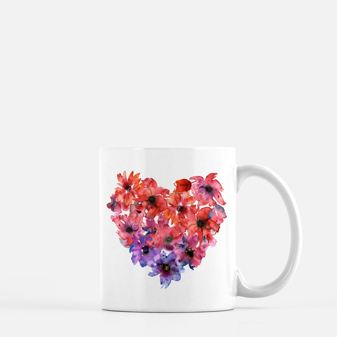 Watercolor Heart & Flowers Mug 11oz.