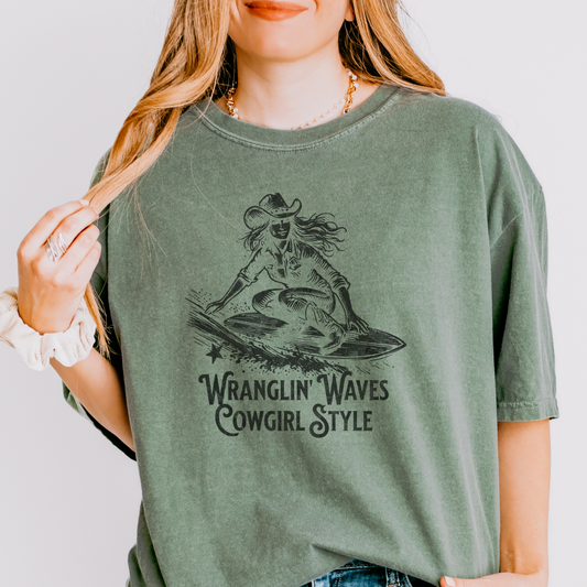 wranglin' waves cowgirl style t-shirt