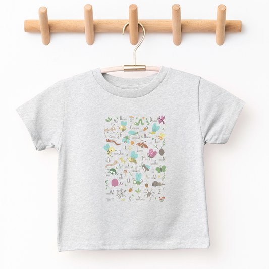kid's graphic tee with depictions of insects placed in alphabetical order